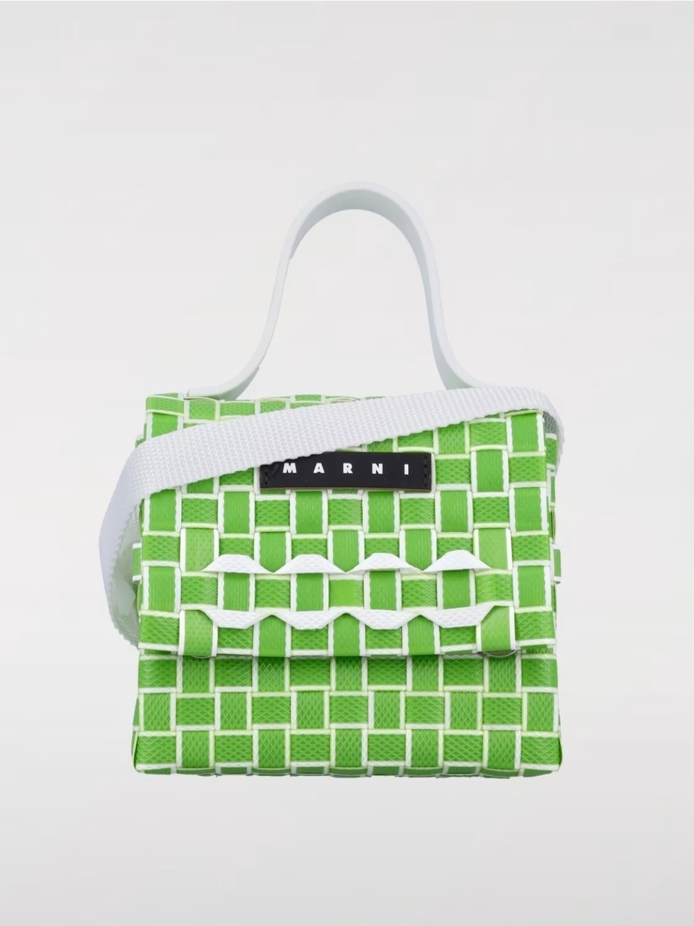 Marni Lime Green Woven Crossbody Bag with White Strap